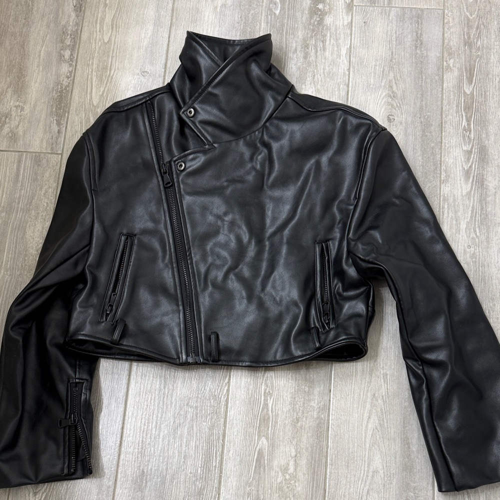 Lioness Black Cropped Faux Leather Moto Jacket